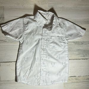White Collar Button Down Shirt. Patterned Blue Rabbits. 3T